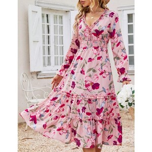 Womens Deep V Neck Floral Print Long Sleeve Ruffle High Waist Beach Flowy Maxi Dress Dress - 1 of 4
