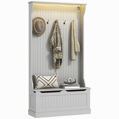 HOMCOM 3-In-1 Hall Tree with Bench and Storage, Coat Rack with LED Lights, 5 Steel Double Hooks, and Anti-Topple Anchor for Entryway