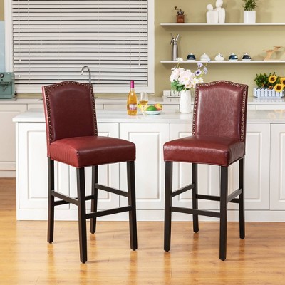 Elegant Red Leatherette Adjustable Barstool Set with Studded Detail