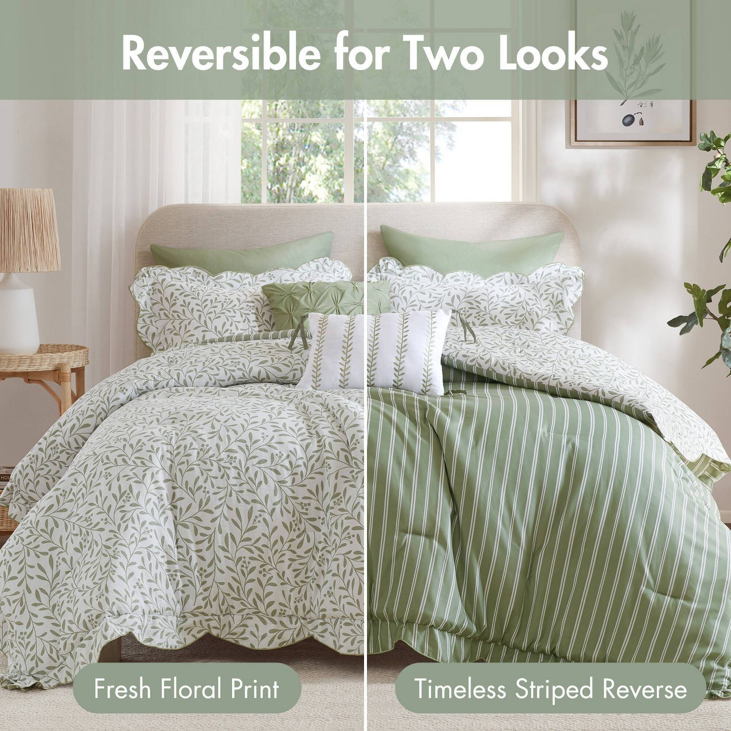 Комплект с одеялом Madison Park King 5pc Darcy Scalloped Edge Brushed Microfiber Reversible Comforter Set Sage Green, цвет: Шалфейный — фото 3