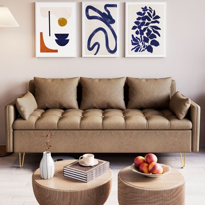 Sofa Couch Faux Leather 3-Seater Sofas with Hand Stitched Comfortable Cushion, Modern Design with Gold Metal Legs and Lift-Up Storage for Living Room