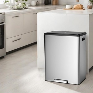 16 Gal Dual Compartment Step Trash Can, Stainless Steel with 2 Removable Buckets, Foot Pedal Operated Recycling Bin for Kitchen and Bathroom - 1 of 4