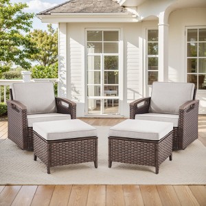 POCASSY 4 Piece Patio Furniture Set, Dark Brown Hand-Brushed Arms Swivel Glider Patio Chairs Set of 2 with Ottomans - 1 of 4