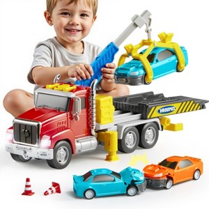Joyfy Kids Tow Truck Toy with Lights & Sounds, Multi-Functional Crane & 2 Transform Cars, Halloween Christmas Birthday Gifts for Boys 3-7 Years Old - 1 of 4