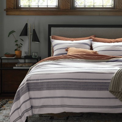 King White and Navy Cotton Woven Stripe Duvet Cover Set