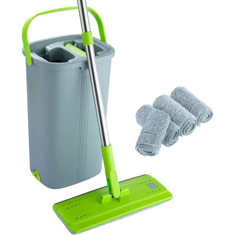 EasyGleam Mop and Bucket Set, Microfibre Flat Mop with Stainless Steel handle, 2 Reusable Pads Supplied, Blue, 3 of 5