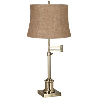 360 Lighting Traditional Swing Arm Desk Table Lamp Adjustable Height Antique Brass Natural Burlap Fabric Drum Shade Living Room