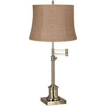 360 Lighting Traditional Swing Arm Desk Table Lamp Adjustable Height 36" Tall Antique Brass Natural Burlap Fabric Drum Shade Living Room
