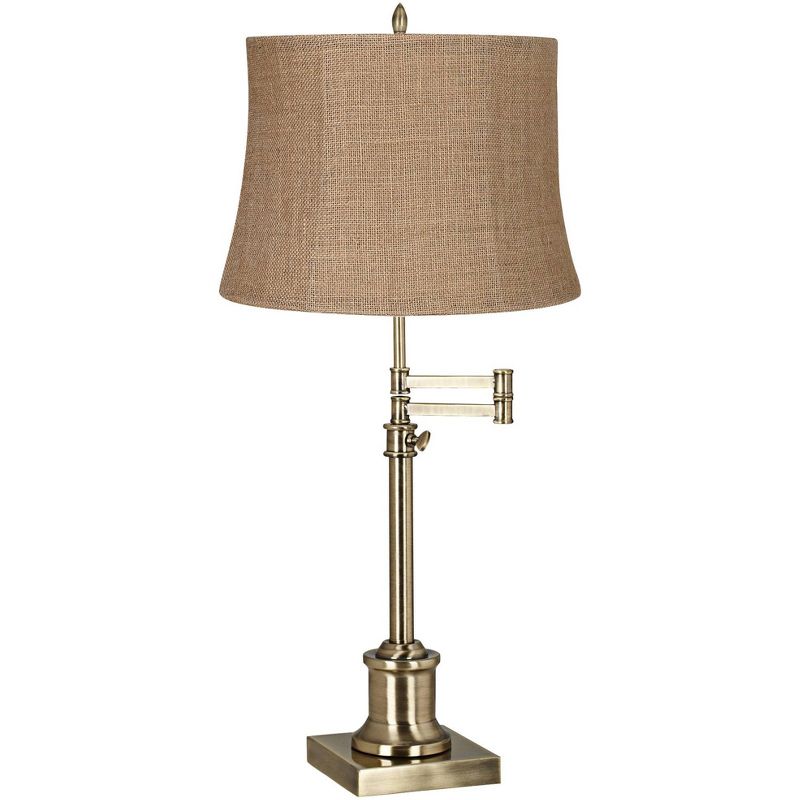 360 Lighting Traditional Swing Arm Desk Table Lamp Adjustable Height 36" Tall Antique Brass Natural Burlap Fabric Drum Shade Living Room, 1 of 4