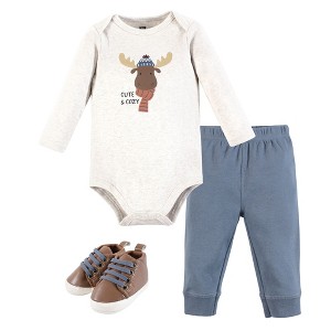 Hudson Baby Infant Boy Cotton Bodysuit, Pant and Shoe Set, Cozy Woodland Moose - 1 of 4