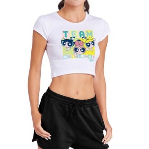 Women's Powerpuff Girls Team Awesome Cap Sleeve Baby Rib Crop Top - 1 of 4