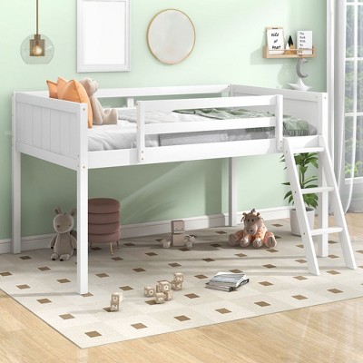 Low Loft Bed Twin, Twin Size Bed Frame With Convertible Ladder, Sturdy Wood Frame, No Box Spring Required