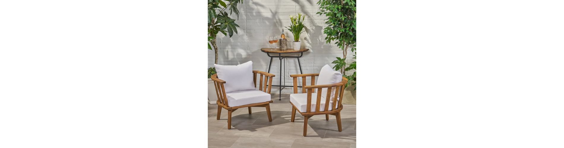 Lyngins 2-Piece Acacia Wood Outdoor Club Chair with Water-Resistant Cushions, Open Slat Curved Backrest, Wooden Patio Accent Chair, Teak Finish