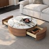 POVISON 35" Round Drum Sintered Stone Coffee Table with Storage, Modern Wood Coffee Table with 2 Drawers, Fully Assembled, Walnut & White - 3 of 4