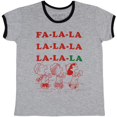 Seven Times Six Peanuts Womens' Fa-La-La-La-La Holiday Carols Graphic Print Ringer T-Shirt Grey