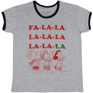 Seven Times Six Peanuts Womens' Fa-La-La-La-La Holiday Carols Graphic Print Ringer T-Shirt Grey - 1 of 3