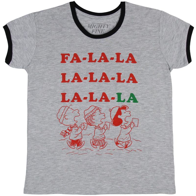 Peanuts Womens' Fa-La-La-La-La Holiday Carols Graphic Print Ringer T-Shirt, 1 of 4