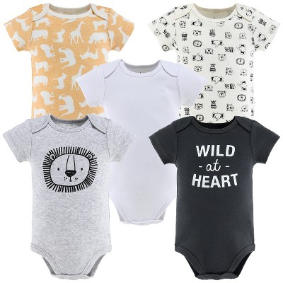 Image of The Peanutshell Baby Boy or Girl Short Sleeve Bodysuits, 5-Pack, Safari Animals, 12-18 Months