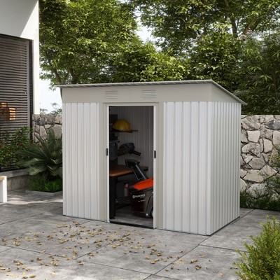 Gray Metal Garden Shed with Windows and Dual Locking Doors