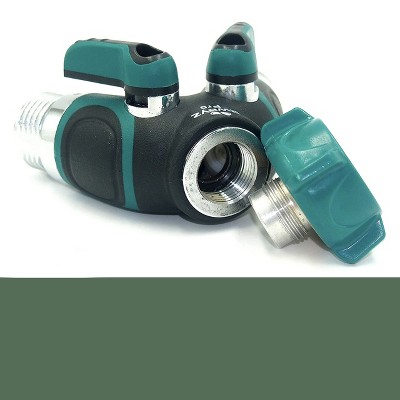 Green Metal Body 2-Way Garden Hose Splitter with Shut Off Valve