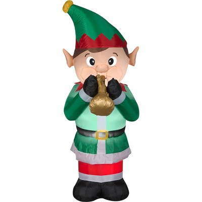 Gemmy Animated Christmas Airblown Inflatable Mixed Media Elf Playing Trumpet, 4 ft Tall, Green