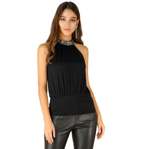 INSPIRE CHIC Women's U Neck Sleeveless Party Clubwear Shiny Metallic Crop Tank Tops Medium Gold