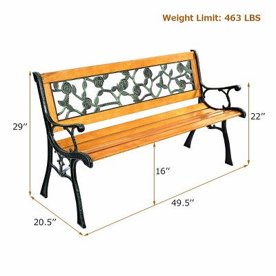 Yellow Cast Iron and Hardwood Outdoor Garden Bench with Rose Design
