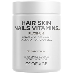 Codeage Hair Skin Nails Vitamins Platinum, Keratin, Dermaval, Biotin, Collagen, Vitamin C, HA, 60 ct - 1 of 4