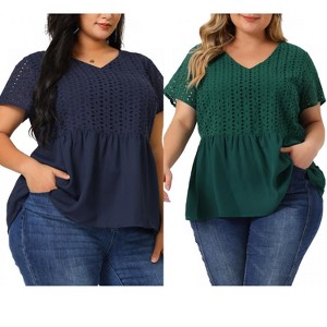 Women's Plus Size 2 Piece Eyelet Contrast Panel Elastic Back Babydoll V Neck Short Sleeve Summer Casual Blouses - Agnes Orinda - 1 of 4
