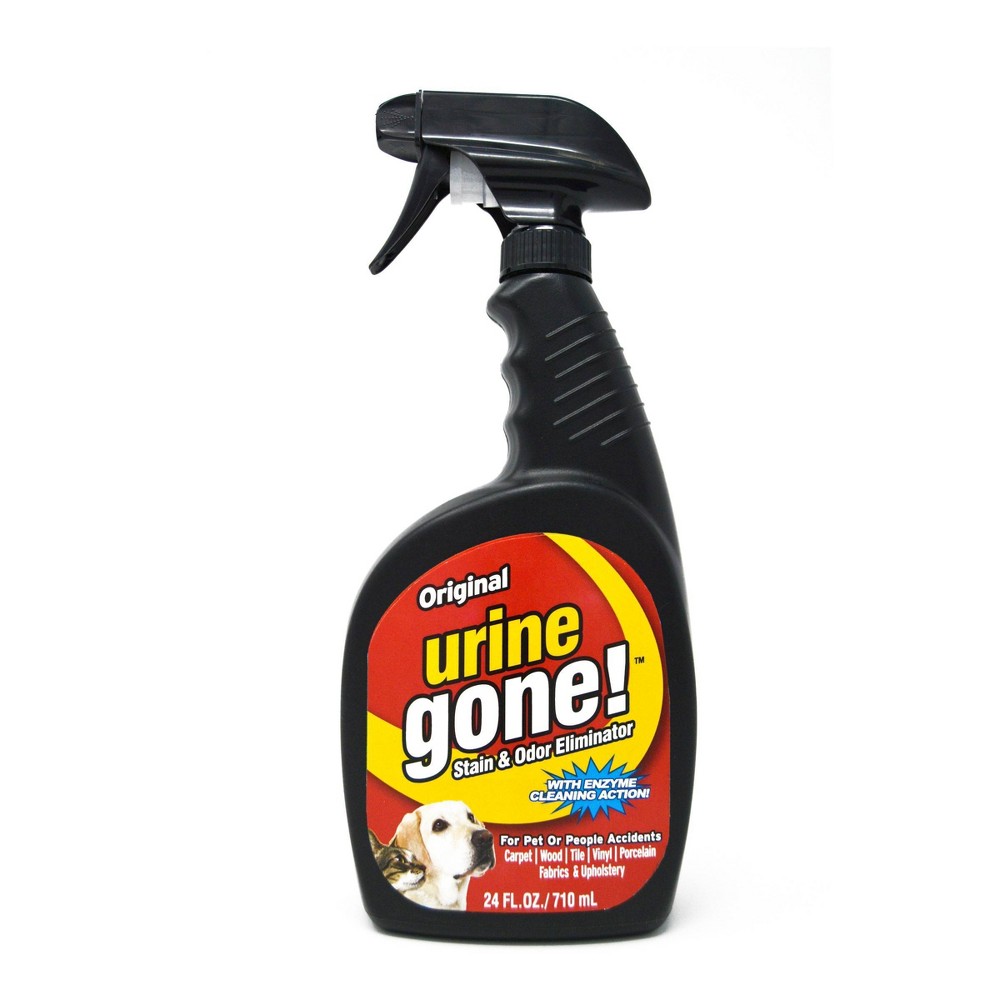 Urine Gone Stain & Odor Remover - 24oz It is a fact of life that Pets and People will have accidents that cause stains and odor. Getting rid of these stains and odor permanently is a challenge that not all cleaners can conquer. Many cleaners make the surface look and smell clean but over time stains and odors can return which requires you to spend more time and hard-earned money cleaning. Urine Gone™ is not like these cleaners. It is an effective multi-surface cleaner formulated to address the underlying cause of stains and odor which is residual organic matter. The Urine Gone™ formula contains powerful fast-acting enzymes that attack and dissolve organic matter in pet and people urine, feces, blood, saliva and more. It penetrates deep below the surface to breakdown the entire stain above and below so that odor cannot return. Urine Gone™ works for pet and people stains on carpets, rugs, sealed wood, tile, vinyl floors, on and around toilets, furniture, pet bedding, litter boxes, mattresses, and laundry.