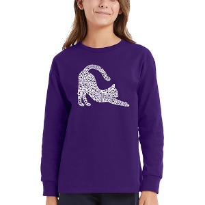 LA Pop Art Stretching Cat - Girl's Word Art Long Sleeve T-Shirt - 1 of 4