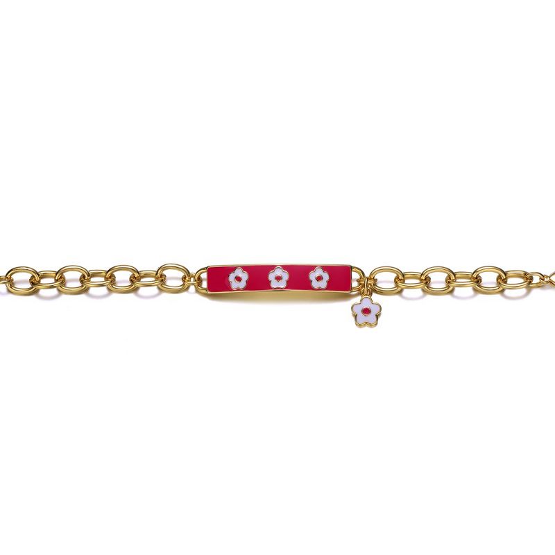 14k Yellow Gold Plated Bar Bracelet with Hot Pink Enamel and a Flower Charm for Kids, 2 of 3