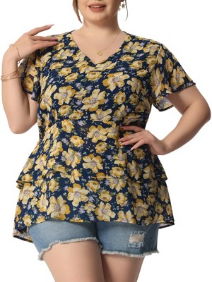 Agnes Orinda Women's Plus Size V Neck Floral Tiered Peplum Blouses : Target