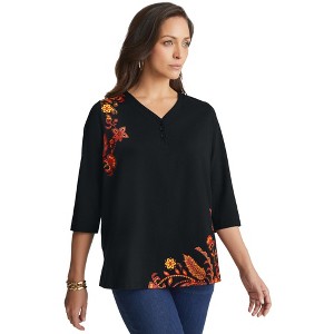 Jessica London Women's Plus Size Stretch Cotton Henley Top - 1 of 4