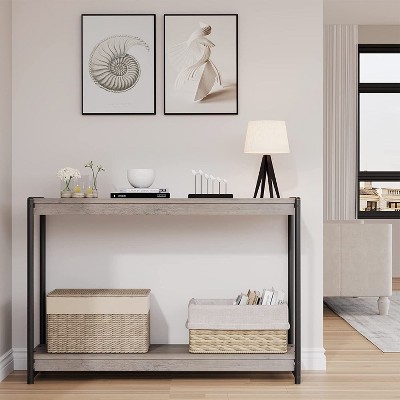 Homhougo Console Table, 39.5 Inch Narrow Entryway Table with 2- Tiers Storage Shelves, Entrance Table Gray