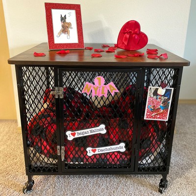 Large Black Metal Dog Crate Table with Casters