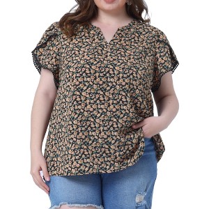 Agnes Orinda Women's Plus Size Petal Sleeve Floral Print V Neck Loose Fit Casual Basic Blouse - 1 of 4