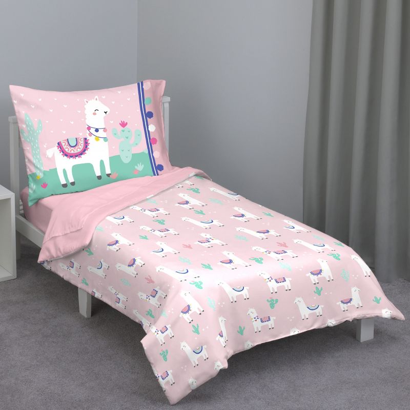 Everything Kids Pink and Mint Llama 4 Piece Toddler Bed Set - Comforter, Fitted Bottom Sheet, Flat Top Sheet, Reversible Pillowcase, 1 of 7