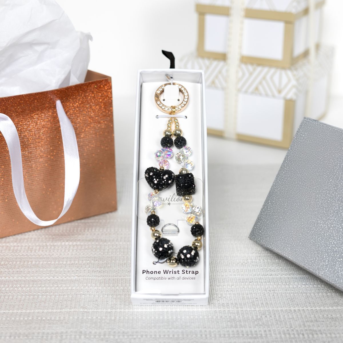 Pavilion Gift Company - Black Crystal Wristlet - Beaded Hands-Free Gold Wrist Strap - Cell Phone Accessories - thumbnail 4