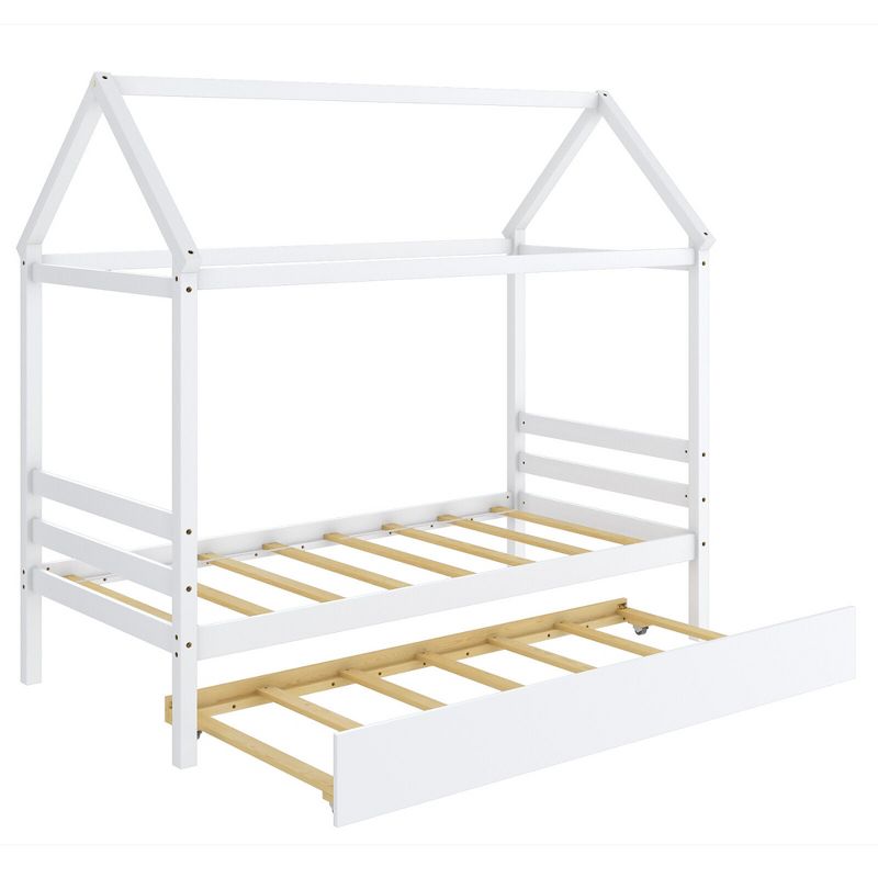 Tangkula Twin House Bed Frame w/ Trundle Roof Wooden Platform Mattress Foundation, 1 of 10
