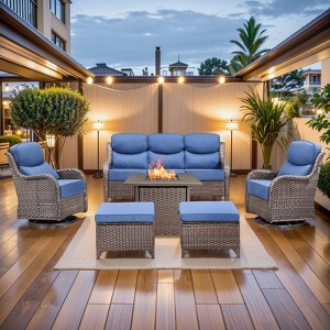 Buenhomino 7 Piece Wicker Outdoor Furniture Set with 6-inch Thick Cushion, High Back Patio Furniture Set with Swivel Rocking Chairs and Fire Pit Table - 1 of 4