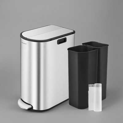 13-Gallon Dual Kitchen Trash Can, 5.3 and 8 Gallon Compartments, Garbage Can with Wing Lids, Stainless Steel, Soft Close, Inner Buckets