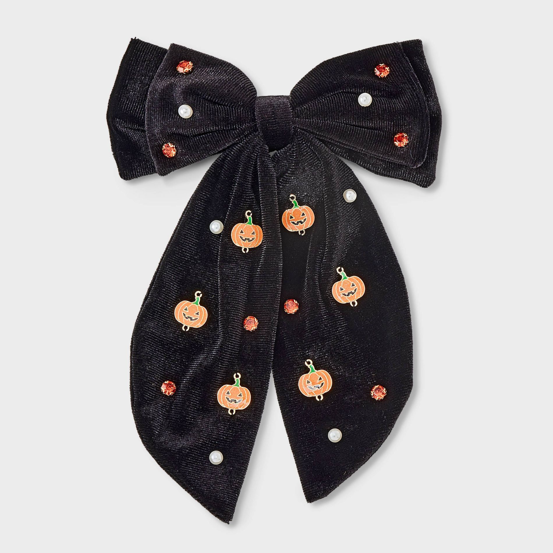 Halloween Pearl & Gem Jack-O-Lantern Embellished Hair Bow - Black