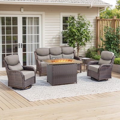 Buenhomino Patio Furniture Set with Fire Pit Table and Swivel Rocking Chairs, 6 Pieces Outdoor Wicker Furniture Set with 6'' Thickened Cushion