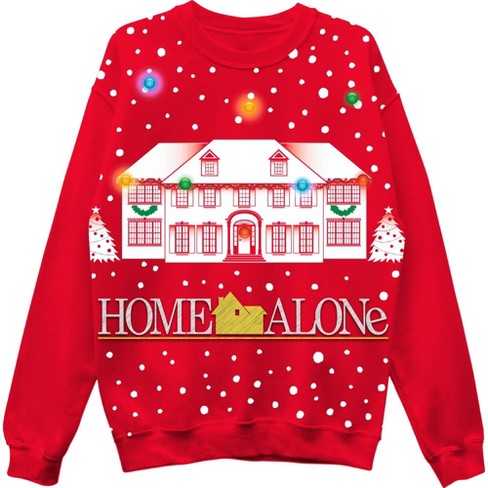 Men s Home Alone House Light Up Fleece Crewneck Pullover Sweatshirt Red Target