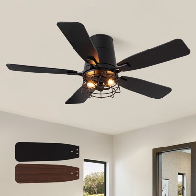 Ludomide 42 inch Black Low Profile Ceiling Fan with Light, Modern Flush Mount Small Caged Ceiling Fan with Remote and Wall Switch