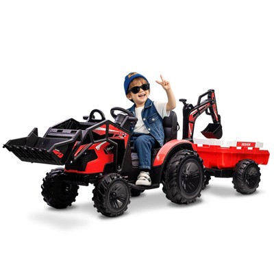 3-in-1 24V Ride On Tractor for Kids, Electric Excavator, Bulldozer, Trailer, Remote Control, LED Lights, Music, USB