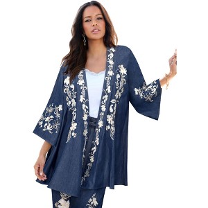 Roaman's Women's Plus Size Embroidered Chambray Duster - 1 of 4