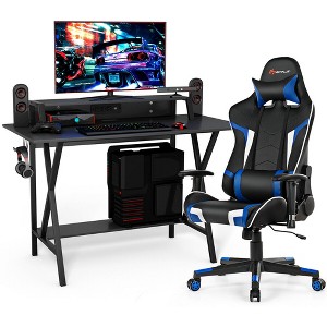 Costway Gaming Computer Desk&Massage Gaming Chair Set w/Monitor Shelf Power Strip - 1 of 4