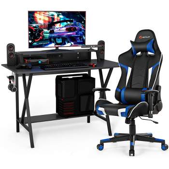 Costway Gaming Computer Desk&Massage Gaming Chair Set w/Monitor Shelf Power Strip Blue